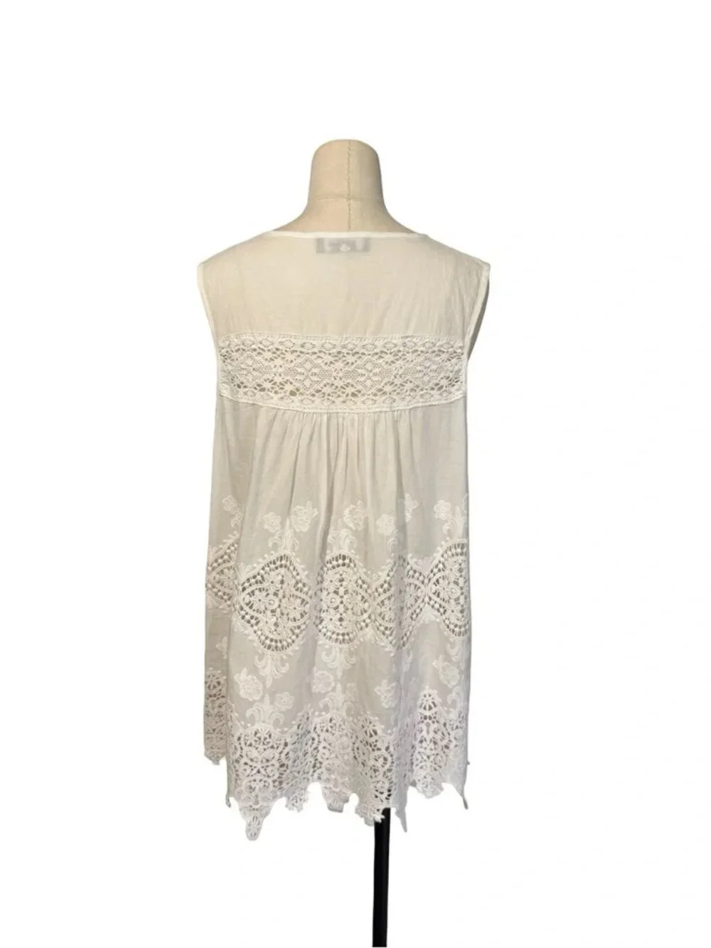 White Lace Embroidered Boho Tank Top 100% Cotton Sleeveless Crochet Trim Size M - Picture 4 of 10